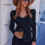 Zeagoo V Neck Sweaters Casual Puff Sleeve Pullover Sweater