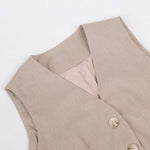 Classic V-neck Pleated Cotton and Linen Wide-leg Pants Suit