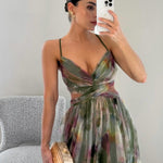 Elegant Painted Floral Print V-Neck A-Line Maxi Dress