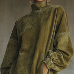 Faux Suede Turtleneck Dress With Fringe Hem