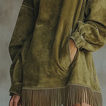Faux Suede Turtleneck Dress With Fringe Hem