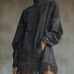 Faux Suede Turtleneck Dress With Fringe Hem