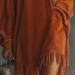 Orange corduroy loose tassel hem high collar dress