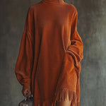 Orange corduroy loose tassel hem high collar dress