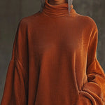 Orange corduroy loose tassel hem high collar dress