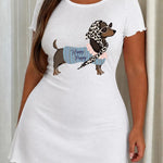 Fashion Dachshund with Leopard Scarf Short Sleeve Sleep Dress