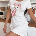 White Cat Drinking Soda Print Nightdress