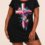 Vibrant Floral Brush Art Cross Print Nightdress (XS-5XL)