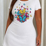 Colorful Cluster Butterfly Print Ruffle Short Sleeve Nightdress (XS-5XL)