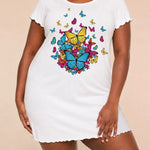 Colorful Cluster Butterfly Print Ruffle Short Sleeve Nightdress (XS-5XL)
