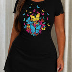 Colorful Cluster Butterfly Print Ruffle Short Sleeve Nightdress (XS-5XL)