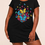 Colorful Cluster Butterfly Print Ruffle Short Sleeve Nightdress (XS-5XL)