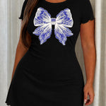 Black Lace Floral Bow Print Ruffle Nightdress (XS-5XL)