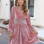 Zeagoo Velvet Dress V-Neck Long Sleeve Stretch Mini Dress