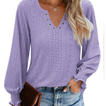 Zeagoo Women Casual V Neck T-Shirts Ruffle Long Sleeve Shirt Eyelet Loose Blouses S-XXL
