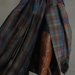 Retro Ethnic Style Blue Faux Suede Plaid Maxi Dress(Includes belt)