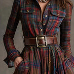 Retro lapel reddish brown plaid maxi dress
