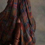 Retro lapel reddish brown plaid maxi dress