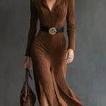 FELICITY RETRO WESTERN STYLE LAPEL FAUX SUEDE SLIT MIDI DRESS (INCLUDES BELT)