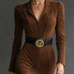 FELICITY RETRO WESTERN STYLE LAPEL FAUX SUEDE SLIT MIDI DRESS (INCLUDES BELT)