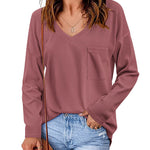 Zeagoo Women Waffle Knit Tops Casual Long Sleeve Shirts Solid Color V Neck Shirt
