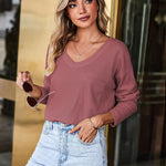 Zeagoo Women Waffle Knit Tops Casual Long Sleeve Shirts Solid Color V Neck Shirt