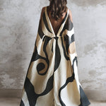 Zeagoo Women's Art Kaftan Black And White Linen V-Neck Long Gown Dress