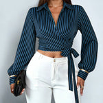 Zeagoo Stylish Striped Long Sleeve Wrap Crop Top for Women Casual Work Office Loose Fit 2026 | Under $40