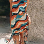 Vintage Bold Wave Print Fringe Cotton Tank Dress