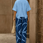Casual Cotton Blend Blouse and Wide Leg Printed Pants Set