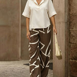 Casual Cotton Blend Blouse and Wide Leg Printed Pants Set
