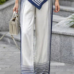 Elegant Satin Striped Print Scarf-Style Top Pants Set