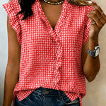 Chic Casual Cotton Blend Ruffle Trim Plaid Blouse