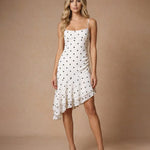 Spaghetti Strap Polka Dot Asymmetrical Ruffle Hem Midi Dress