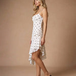 Spaghetti Strap Polka Dot Asymmetrical Ruffle Hem Midi Dress