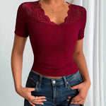 Versatile V-neck Lace Splicing Pit-Stripe Knit Wrap Top