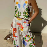 Unique Print Tank And Elastic Waist Pocketed Pants Set