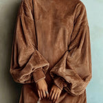 High-neck corduroy lantern-sleeve loose mini dress