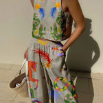 Unique Print Tank And Elastic Waist Pocketed Pants Set