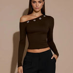 Asymmetric Eyelet Long Sleeve Crop Top