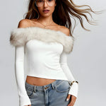 Faux Fur Trim Off Shoulder Crop Top