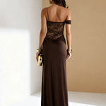 One Shoulder Lace Sheer Drape Maxi Dress