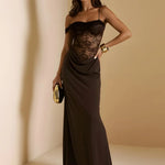 One Shoulder Lace Sheer Drape Maxi Dress