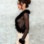 V Neck Faux Fur Trim Mesh Top