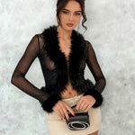 V Neck Faux Fur Trim Mesh Top