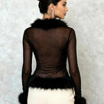 V Neck Faux Fur Trim Mesh Top