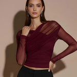 Sheer Mesh Ruched Long-Sleeve Crop Top