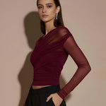 Sheer Mesh Ruched Long-Sleeve Crop Top