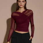 Sheer Mesh Ruched Long-Sleeve Crop Top