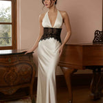 Lace Paneled Satin Halter Backless Maxi Dress